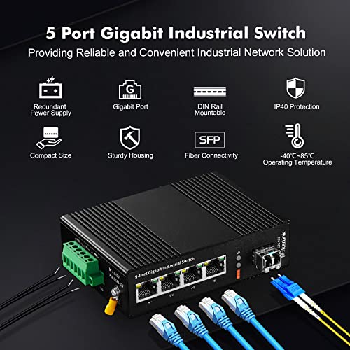 Image of MokerLink 5 Port Industrial DIN-Rail Network Switch, 4 Gigabit Ethernet, 1 SFP, 14Gbps Switching Capacity, IP40 Rated (-40 to 185F), With UL Power Supply