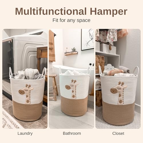 Image of Giraffe Baby Laundry Basket, Tall Woven Rope Nursery Hamper, 20x15 in | Baby Clothes Hamper, Blanket Basket, Toy Storage, Soft Felt Animal Patch, Safari Nursery Decor, Shower Gift, Kids Room