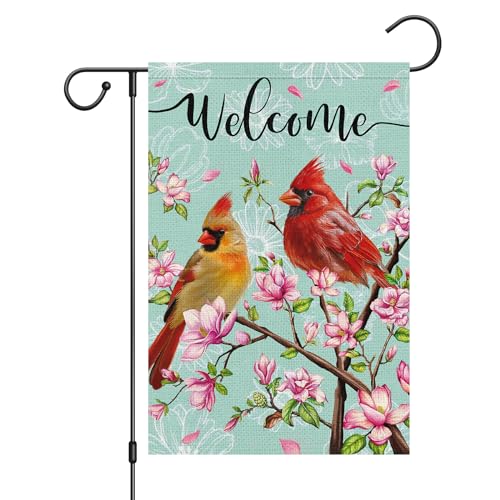 Wodison Cardinal Bird Welcome Spring Garden Flag, 12x18 Vertical Double Sided Burlap Tree Flower Spring Flag for Outside Farmhouse Yard Decorations