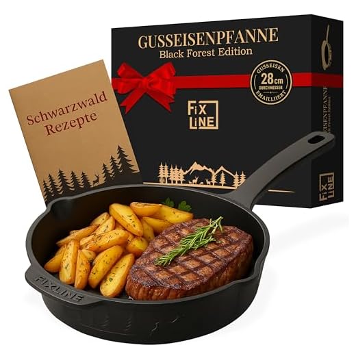 FIXLINE® Gusseisenpfanne in BLACK FOREST Edition 28cm - ORIGINAL - Induktion - Alle Herdarten inkl. Induktion - Emailliert - Kein Einbrennen nötig - Inklusive Rezeptbuch - Perfekte Geschenkidee