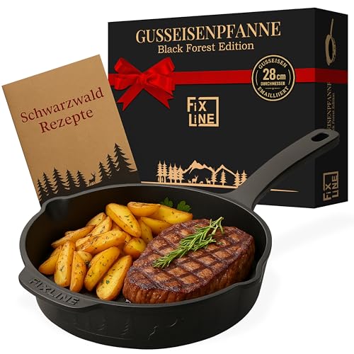 FIXLINE® Gusseisenpfanne in BLACK FOREST Edition 28cm - ORIGINAL - Induktion - Alle Herdarten inkl. Induktion - Emailliert - Kein Einbrennen nötig - Inklusive Rezeptbuch - Perfekte Geschenkidee