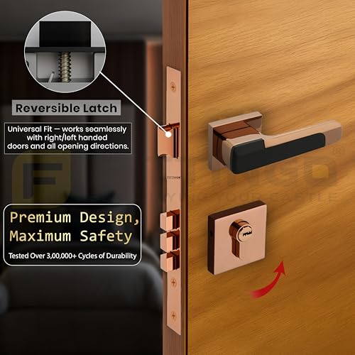 Image of Munich Mortise Door Handle Lock Set /Premium Zinc Alloy Door Handle with Lock /Heavy Duty Main Door Handle with Key Lock for Home, Office & Hotel Doors - 3 Years Warranty (PVD Rose Gold Black)