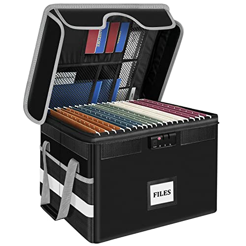 home file organizer - File Box with Lock - Fireproof File Organizer for Hanging Letter/Legal Folders, Collapsible Storage Box Filing Cabinet, Portable Fireproof Document Box with Handles, File Cabinet for Home Office