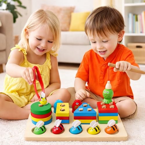 Image of 4 in 1 Wooden Fishing, Bee Catching, Shape Sorting & Stacking Toy | Montessori Magnetic Learning for Brain Development & Fine Motor Skills for Kids 1-5 Years