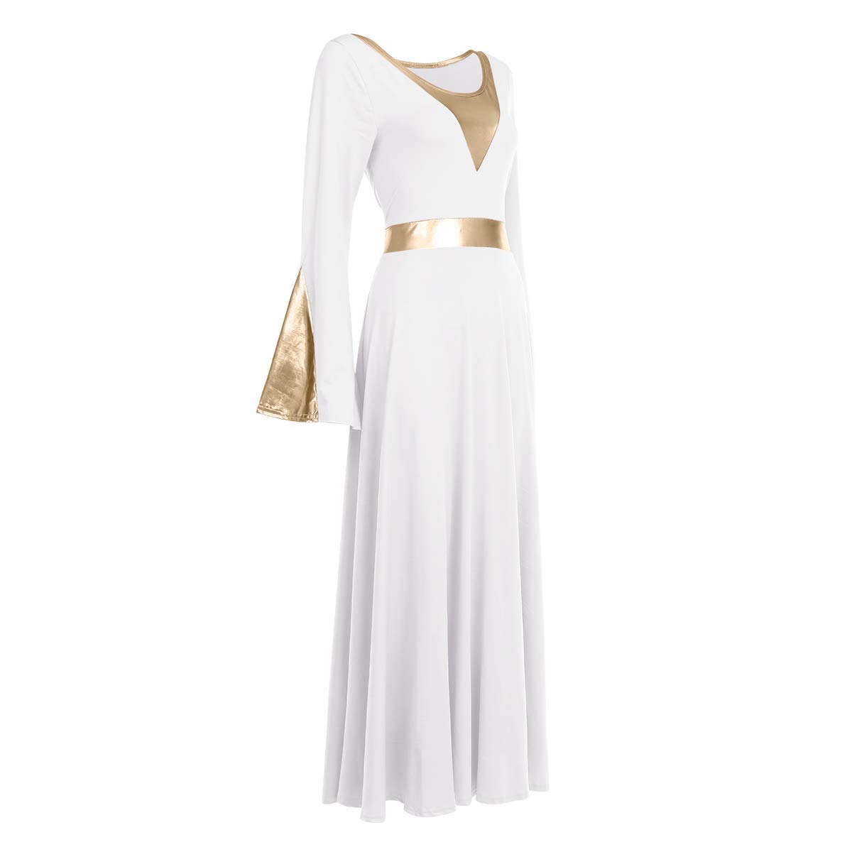Womens Liturgical Praise Lyrical Dance Dress Metallic Color Block Loose Fit Full Length Bell Long Sleeve Dance Dress Church Dancewear Worship Costume Ballet Maxi Swing Gown Circle Skirt White L