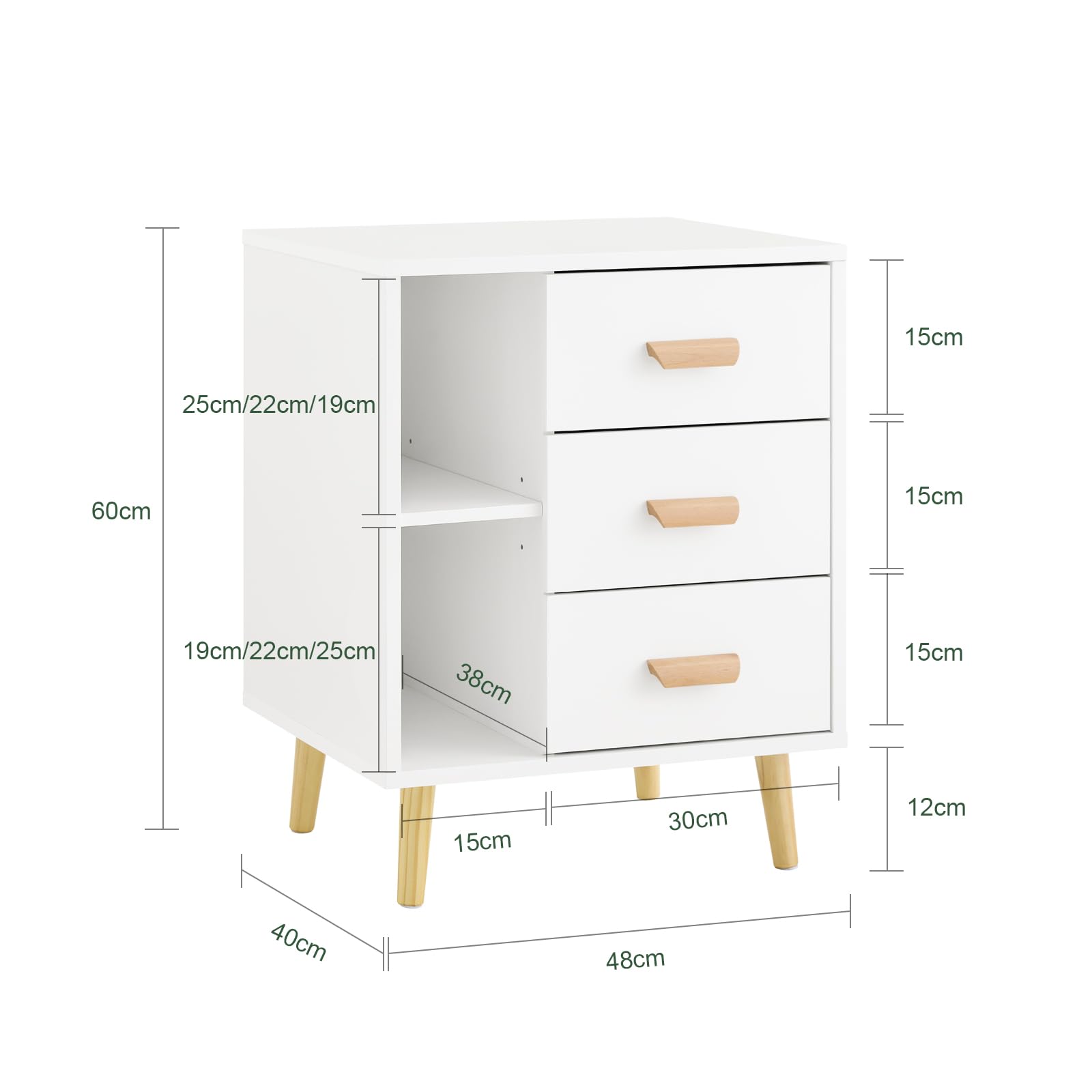 SoBuy Mesita de Noche con 3 Cajones y 2 Estantes 48x40x60cm | Mesa auxiliar moderna con almacenamiento para dormitorio, blanco FBT95-W