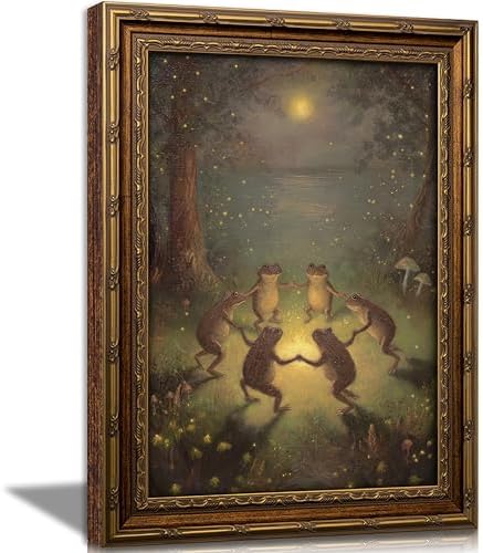 Vintage Gold Framed Frog Wall Art,Frogs Dancing in Moonlight Forest Painting Canvas Prints,Whimsical Animal Wall Decor,Retro Country Toad Poster Artwork,for Corridor Living room Bedroom Kitchen