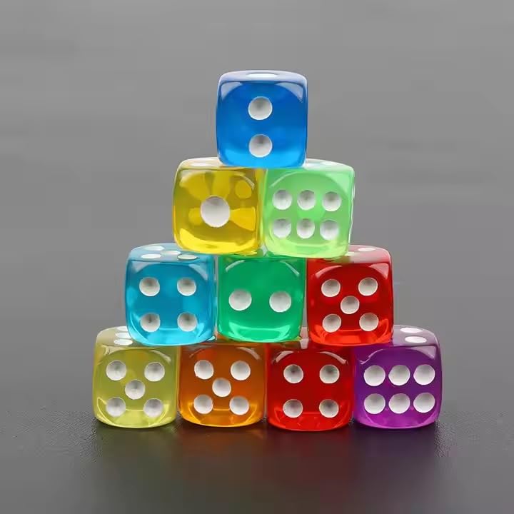 Regy 6 Sided Dice Set Multicolorfull Transparent Dice for DND, MTG, RPG, Yahtze, Bunco, Table Borad Games, Math Teaching (Pack of 10pcs)