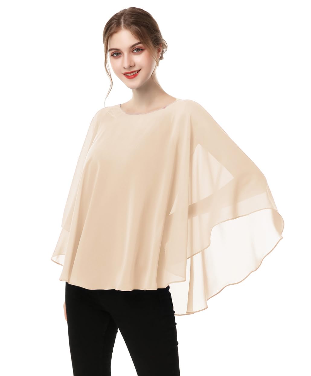 Capes for Womens Casual chiffon shawl Casual Chiffon Cape Sheer cape shawls and wraps Poncho Capelets Cover Up, Champagne, One Size