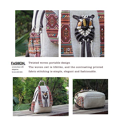 Image of Womens Boho Cotton Hemp Cloth Backpack Boho Vintage Embroidered Casual Purse Handbags Messenger Bag Owl