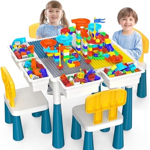 OCATO Toddlers Kids Table and Chair Set: Activity Table with 152Pcs Large Marble Run Building Blocks 4 Chairs Storage All in One Play Sensory Table Water Table Sand Table for Boys Girls 3-10 Year Old Cover