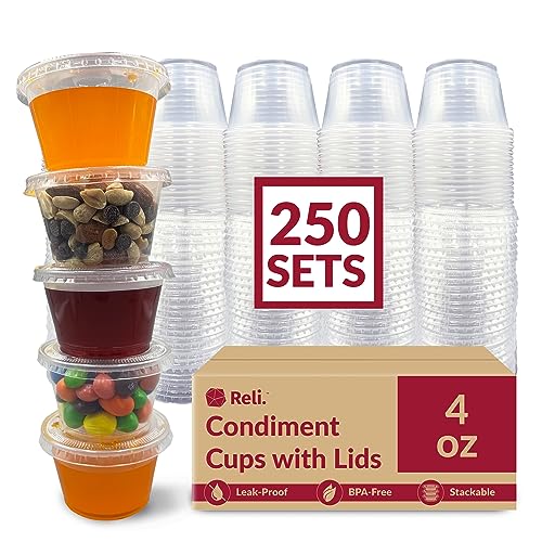 Reli. 4 oz Small Containers with Lids (250 Sets) | Jello Shot Cups with Lids | Clear Plastic Condiment Containers | Portion Cups, Sauce, Souffle | Stackable | Bulk