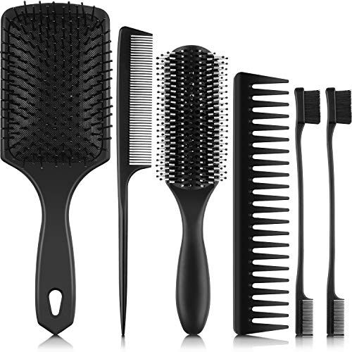 6 Pieces Hair Brush Set Paddle Hair Brush Detangle Hair Brush Black Comb and Eyebrow Brush for Men Women Wet, Dry, Curly and Straight Hair