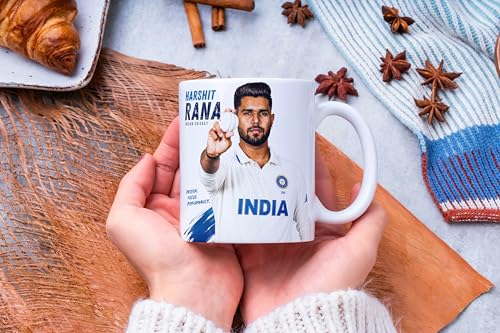Image of Cricket Theme Coffee Mug IPL Edition - Stylish Helicopter Shot Print Cup - Gift for Cricket Fans, Boys & Friends (Harshit rana, Large)