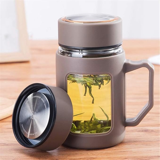 GRETZOMALL 500ml Double-Wall Glass Tea Mug with Lid and Handle - Portable Heat-Resistant Travel Tumbler with for Home and Office (1) 1