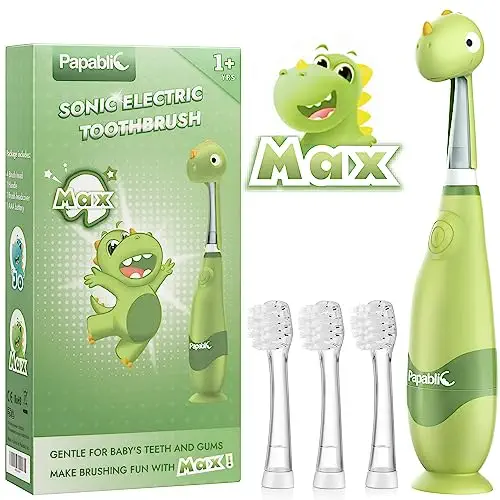 Papablic Toddler Sonic Electric Toothbrush for Ages 1-3 Years, Baby Electric Toothbrush with Cute Dino Cover and Smart LED Timer, 4 Brush Heads (Max)