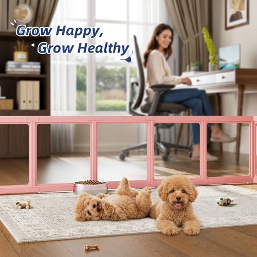 Image of Clear Acrylic Dog Playpen Indoor, Puppy Cat Small Pet Play Pen, Pet Cat Playpen for Rabbits, Dog Fence Crate Kennel Whelping Cage (Pink, 12 Panel)