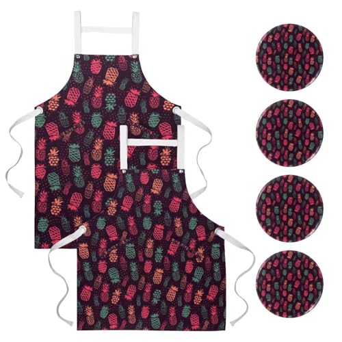 Tablier de cuisine à motif ananas corail avec 4 broches de personnalisation