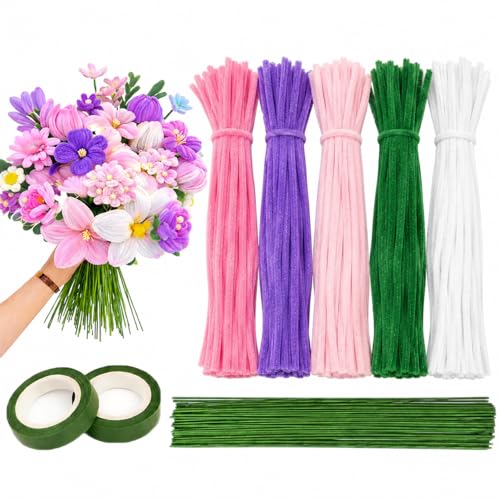 Image of Asian Hobby Crafts 200+ Pcs Pipe Cleaners for Craft Flower Making Set - Fuzzy Chenille Stems & Fluffy Sticks With Floral Tape & Wire for Kids Arts & Craft, School Supplies, Home & Party Decor