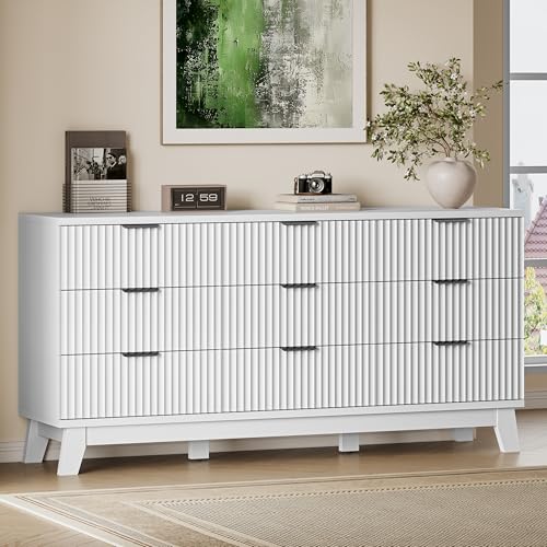 Image of BORNOON 63 inch Long Dresser for Bedroom, 9-Drawer Fluted Dresser, Extra-Wide Wood Chest of Drawers with Smooth Metal Slides, Stable Base, Modern Clothes Storage Cabinet for Living Room, Hallway, Nursery
