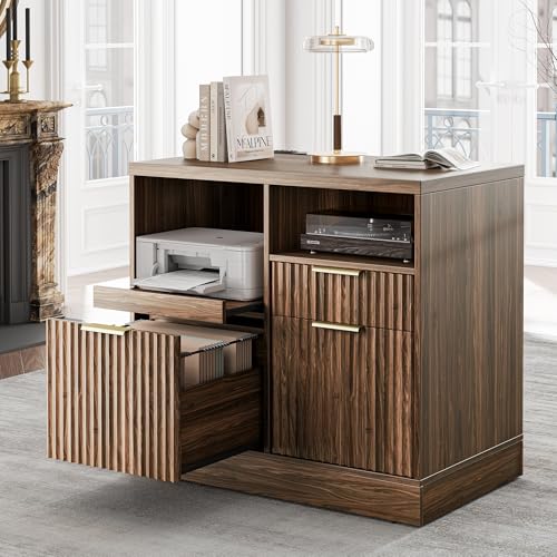 Perledesign 3 Drawer File Cabinet, Fluted Wood Lateral Filing Cabinet with Charging Station for Home...