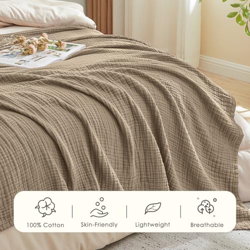 Image of EMME Muslin Blankets for Adults Throw Blanket for Couch Breathable Gauze Soft Lightweight Airy Tan Throw XL 50 inch x 71 inch