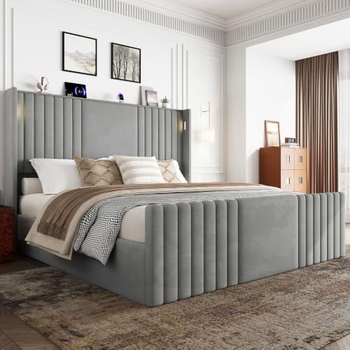 Image of King Size Bed Frame with 55.1 inch Tall Headboard, Velvet Upholstered Platform Bed with Channel Tufted Wingback, 2 Reading Lights /Storage Shelf /Charging Station /Easy Assembly /Noise-Free, Grey