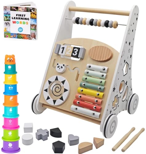 Pidoko Kids Wooden Baby Walker - Push Walker Toy For Babies - Baby Activity Center Toys for 1 Year Old Boy Girl | Baby Walkers For Girls Boys 12-18 Months | First 1st Birthday Gifts Toddlers Book Cups