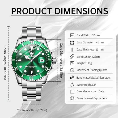 Image of OLEVS Watches for Men with Date Luxury Big Face Waterproof Mens Wristwatch Analog Dress Two Tone Stainless Steel Man Watch Luminous Relojes De Hombre Calendar(Green /Blue /Black Dial