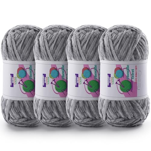 Image of Chenille Velvet Yarn for Crocheting, Gray Fuzzy Fluffy Yarn for Crochet | 4 Pack 14 Oz, 524.8 Yds Bulky Thick Chunky Yarn for Crocheting, Soft Amigurumi Yarn for knitting Baby Blankets, Scarves, Hats