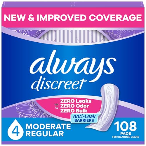 Image of Always Discreet Adult Incontinence Pads for Women, Drier, 4 Drop Regular Length, Moderate Absorbency, Pads for Bladder Control Management, Bladder Leaks, & Postpartum Pads, 108ct