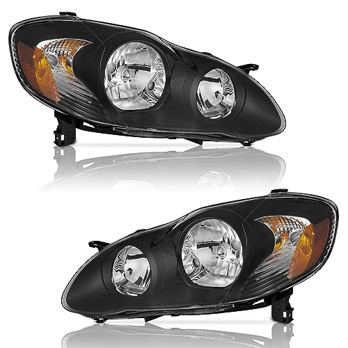 WEELMOTO for 03-08 Corolla CE/LE/S/XRS Headlights Assembly for 2003 2004 2005 2006 2007 2008 Corolla Headlamp Replacement Headlight Assemblies Black Housing Amber Reflector Left+Right Pair Set