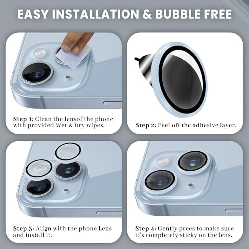 Image of ArmourPro Premium Camera Lens Protector Tempered Glass Compatible For iPhone 14 Plus and iPhone 14 Tough HD Individual Aluminum Alloy Rings 9H Camera Cover , Scratch-Resistant,Camera Lens Protection| Blue