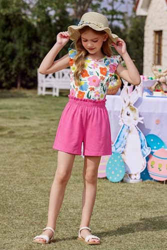 Image of Arshiner Girls Clothes Summer Outfits Ruffle Sleeve Tops and Paperbag Waist Shorts with Pockets Kids Clothing Set