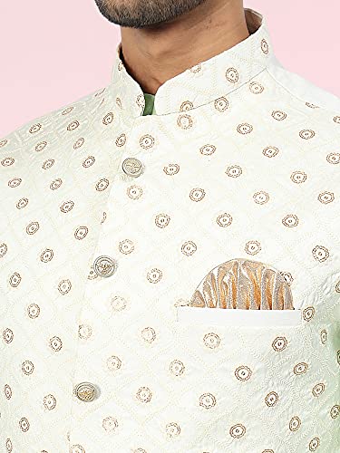 Image of Uri and MacKenzie Men's Silk Blend Regular Kurta Churidar Pyjama with Bundi Nehru Jacket /Waistcoat