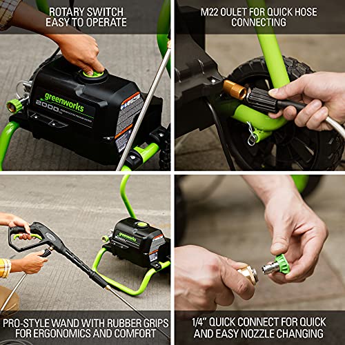 Image of Greenworks 2000 PSI (1.1 GPM Max) Electric Power Washer (25, 40, Soap Nozzle) For Use On Decks, Fences, Concrete Patios, Sidewalks & More. Medium-Duty