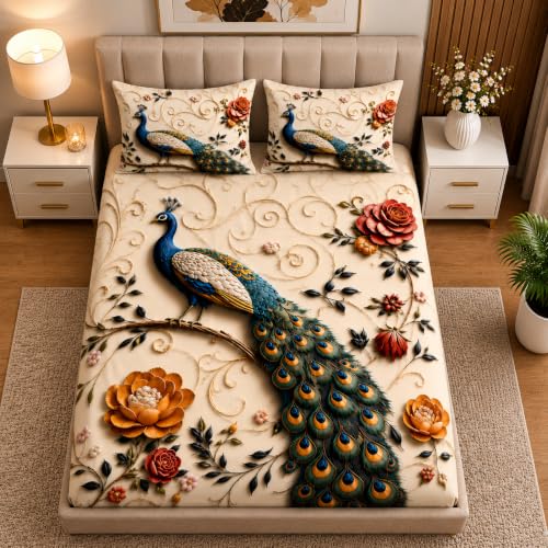 Image of DECORUM Premium Digital Printed BEDSHEET (90 X 100) Inch with 2 King Size Pillow Covers - HIGH-Definition Design & Superior Comfort (Heavy Quality) BEDSHEET Royal Peacock Elegance