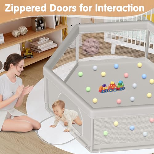 Image of Large Baby Playpen 65x65 Inch, Play Pens for Babies and Toddlers Hexagonal Type Baby Play Yards for Indoor & Outdoor with Breathable Mesh Anti-Fall