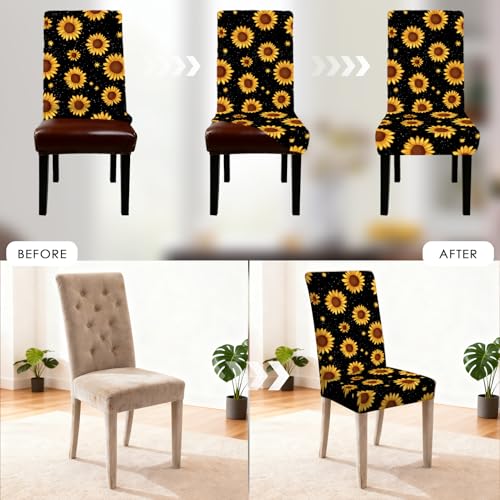 Image of Nuxovilar 4PCS Sunflower Black Background Stretch Chair Covers | Stretch Slipcover Furniture Protector Floral Wrap Seat Guard Dining Room Patio Kitchen Party (Sunflower Pattern)
