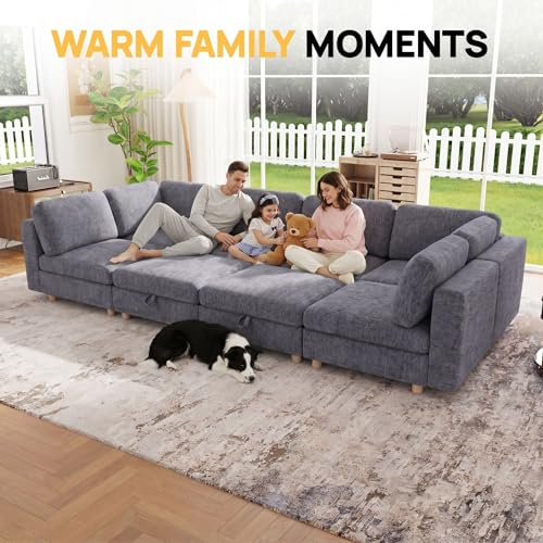 Image of 128 inch Modular Sectional Sleeper Sofa, 8 Seaters Chenille Modular Sectional Sofas, Sleeper Sofa Bed with Storage & Ottoman, Sleeper Couch with Removable Covers, Grey Sectional Couches for Living Room