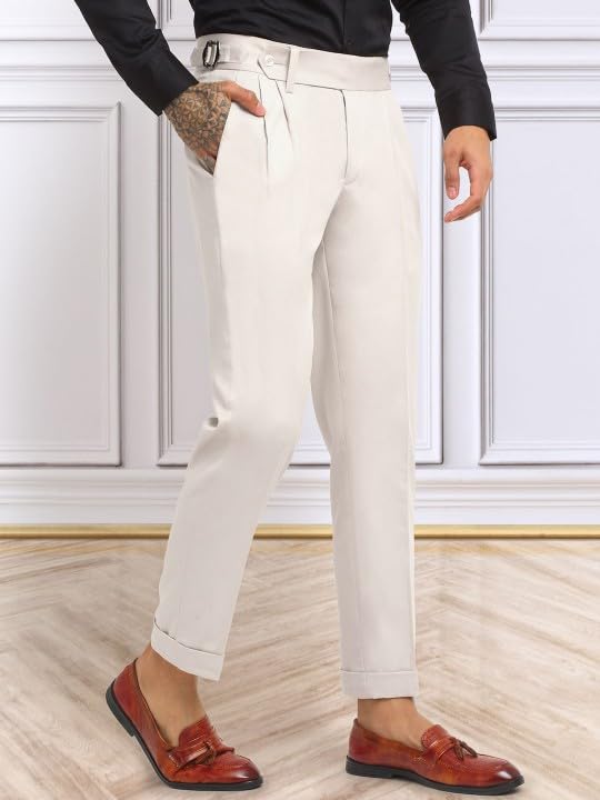 Vintage Tweed Slim Fit Trousers for Men, Herringbone Pleated Tailored Flat Front Formal Pant for Office Wear - Cream4