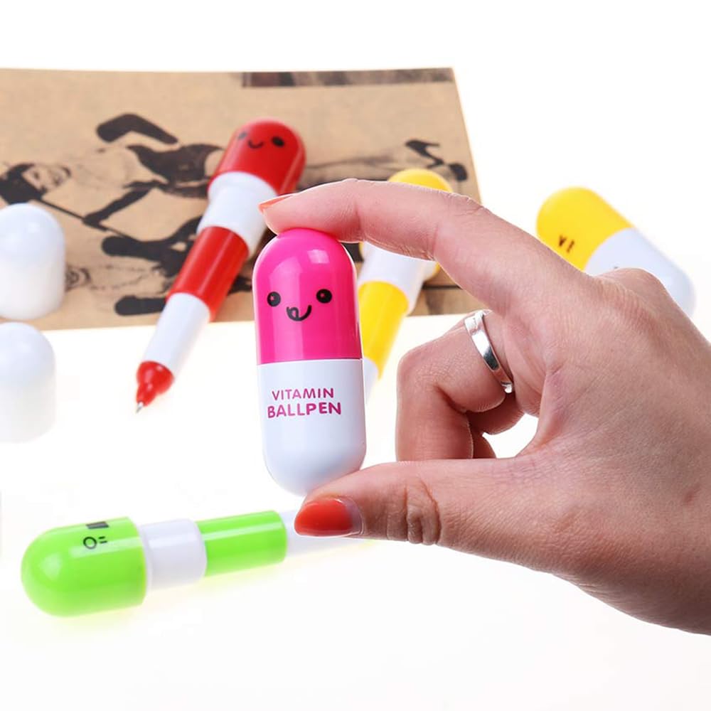 Vitamin-Pillen-Kugelschreiber – 6 Farben, Einziehbar, 12 Cm, Mit Blauer Tinte, Niedliches Geschenk