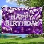 Happy Birthday Banner Backdrop Purple Glitter Balloons Diamond Confetti Elegant Luxury Glamorous Photo Booth Background for Women Girls Adults Celebration Party Decorations 72x43 Inch - Image 2