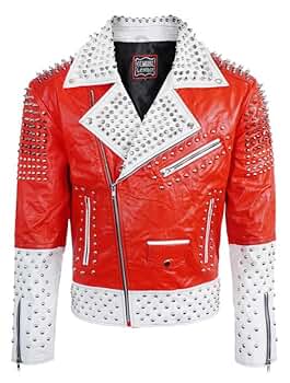 Two Tone Real Leather Studded Jacket Men - Red & White Cafe