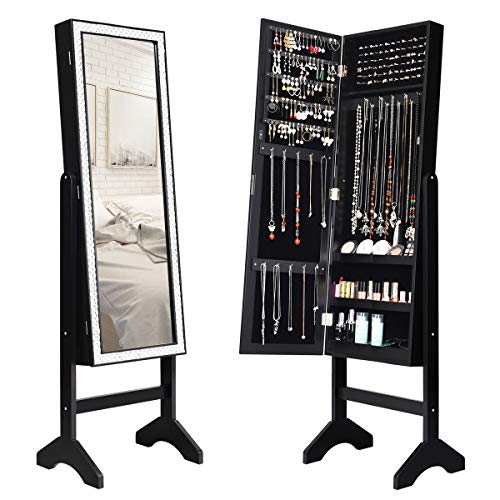 Giantex Mirrored Jewelry Cabinet Armoire with Mirror w/Resin Diamond Design Standing Storage Organizer