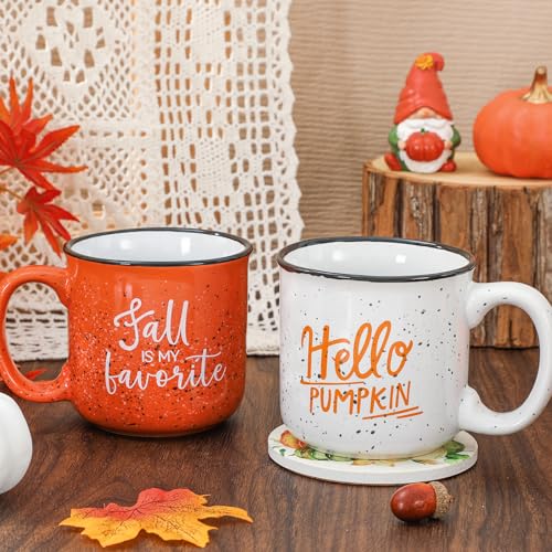 2Pcs Fall Coffee Mugs Orange White Hello Pumpkin Drinking Mug for...