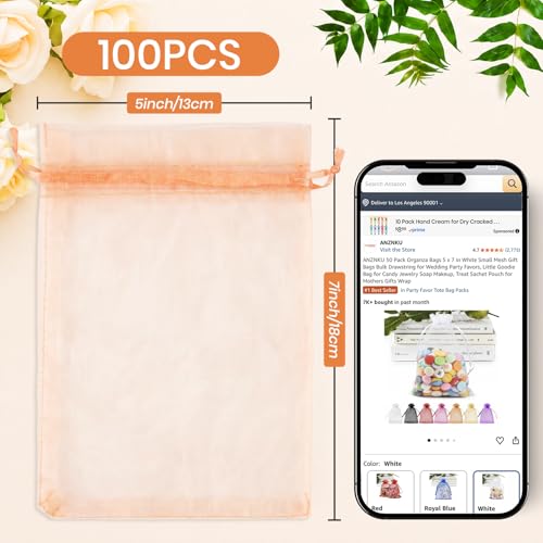Image of ANZNKU 100 Pack Peach Organza Bags 5x7 In, Small Mesh Gift Bags Bulk with Drawstring for Jewelry Candy Sachet Soap, Goodie Pouches for Wedding Baby Bridal Shower & Birthday Party Favors