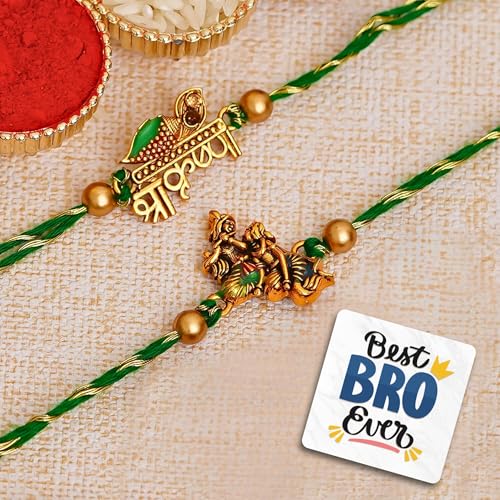 Image of eCraftIndia Set of 2 Green & Golden Shri Krishna and Radha Krishna Playing Flute Designer Religious Rakhis, Best Bro Ever Fridge Magnet with Roli Chawal Pack - Rakhi for Brother, Bhaiya, Bhai