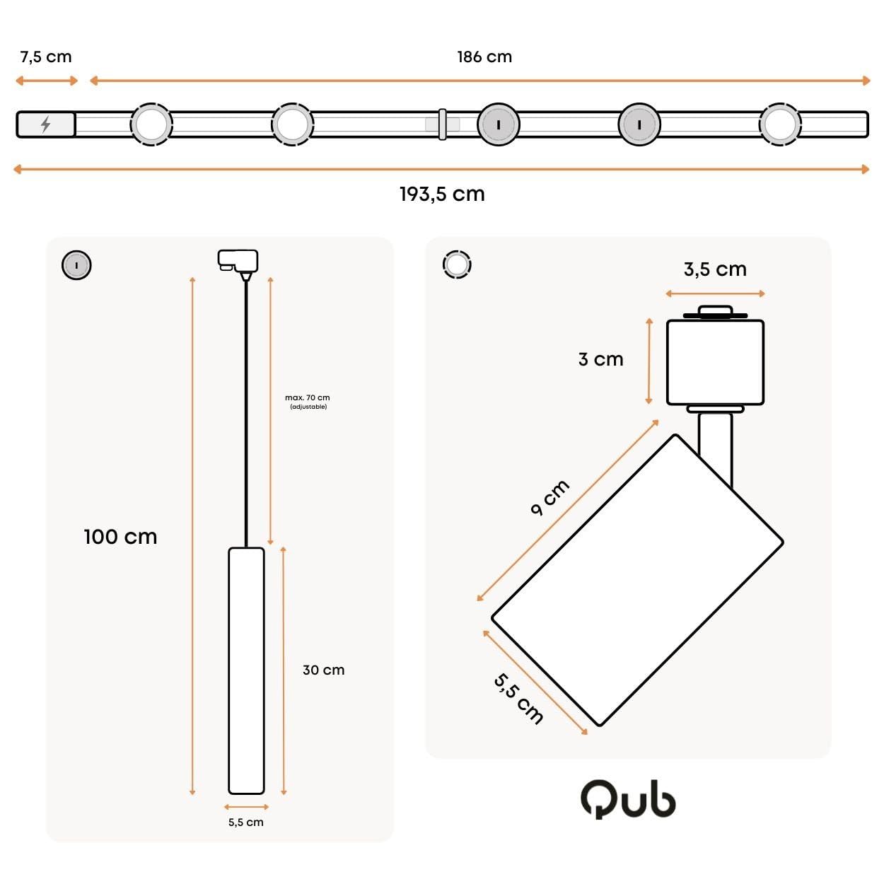 Qub Focus III Jednofazowa Oprawa sufitowa Kompletny zestaw - 200 cm - Zestaw 3 reflektorów punktowych i 2 Oprawa wisząca - 2x 1m Sufitowa listwa punktowa - I-Form - GU10 i LED kompatybilna z sufitami