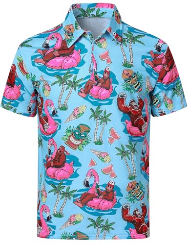 Funny World Big Foot and Flamingo Shirt Men Short Sleeve Hawaiian Polo Sasquatch Shirt Tropical Aloha Floral Golf Large Sasquatch